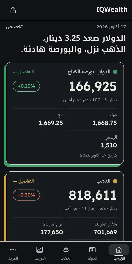 شاشة الرئيسية في تطبيق IQWealth